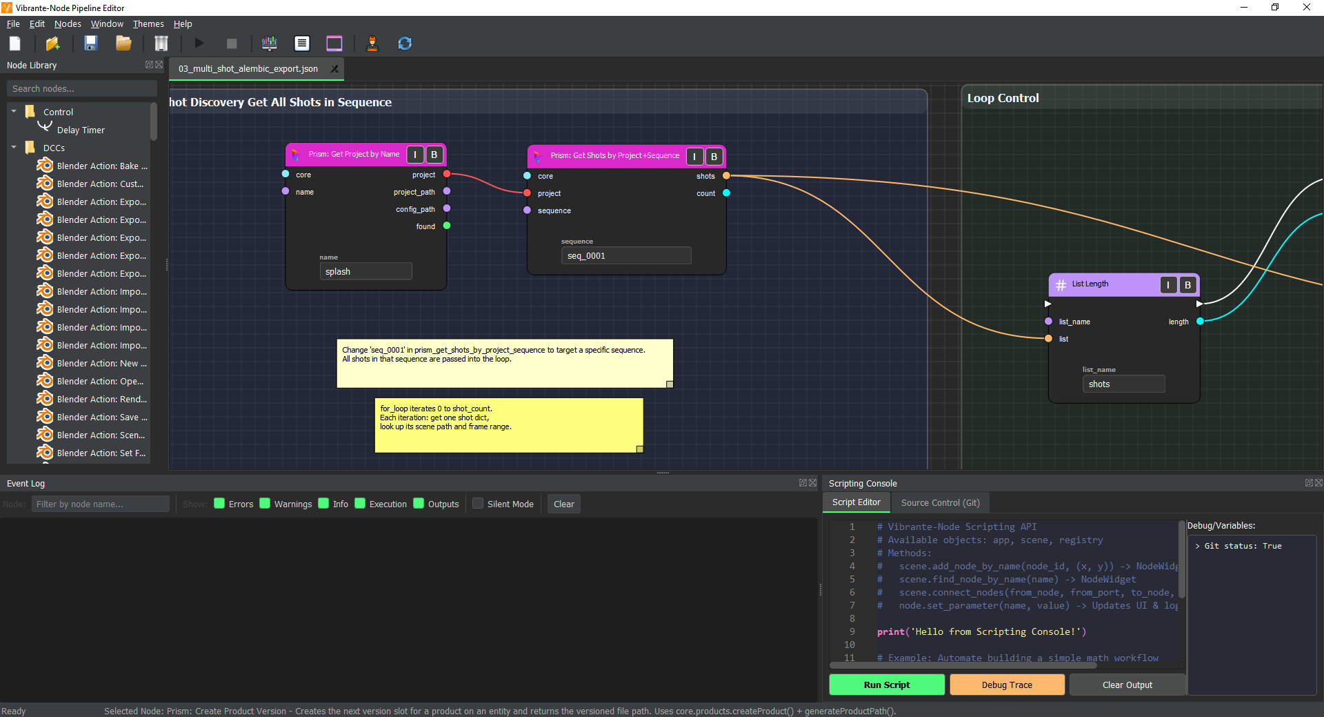 Vibrante-Node — UI screenshot showing node library panel