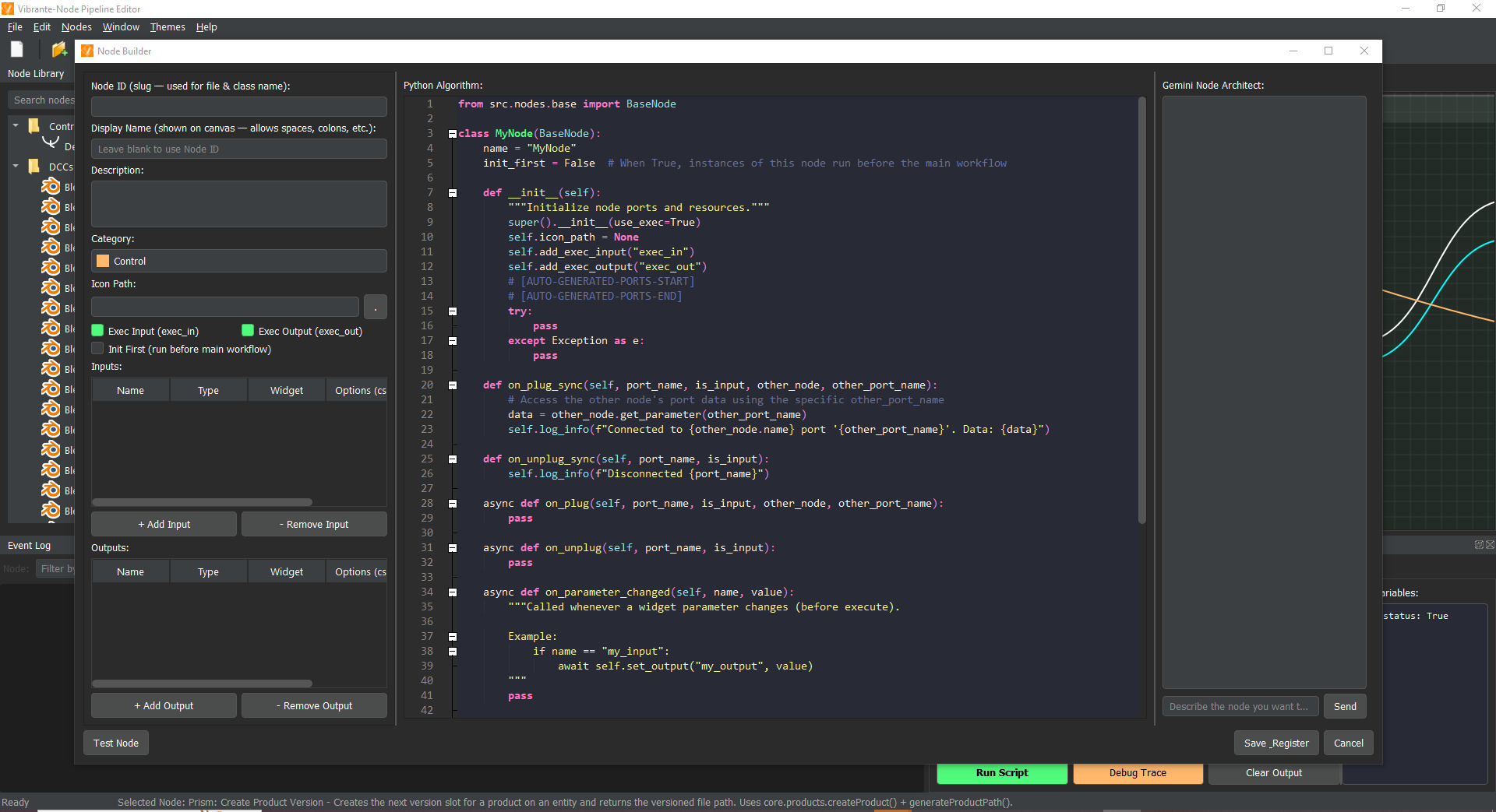 Vibrante-Node — UI screenshot showing execution log