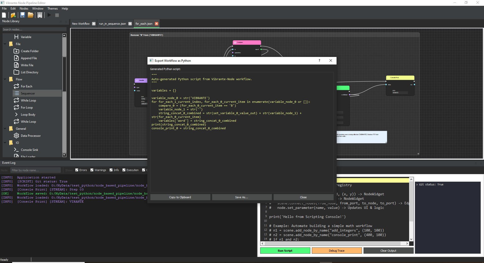 Vibrante-Node — UI screenshot showing properties panel