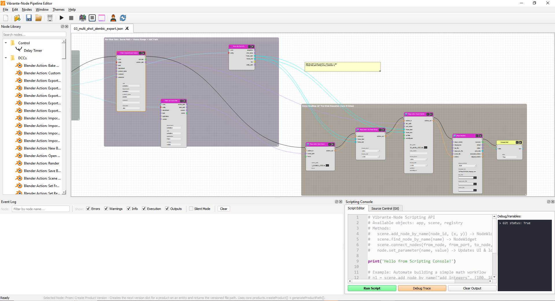 Vibrante-Node — Workflow example with multiple connected nodes